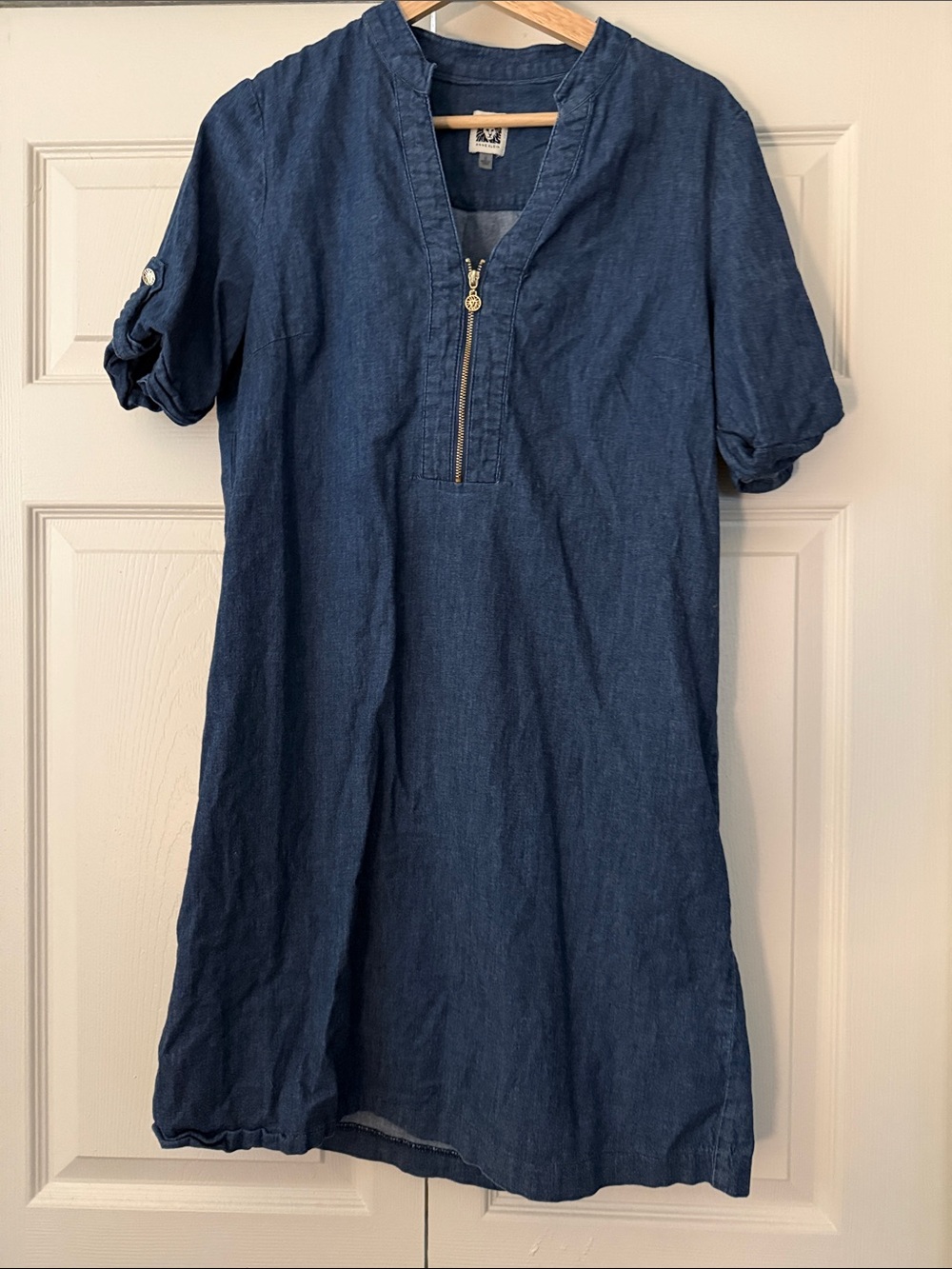 Anne Klein Dark Denim Zip-Front Dress with Gold Hardware